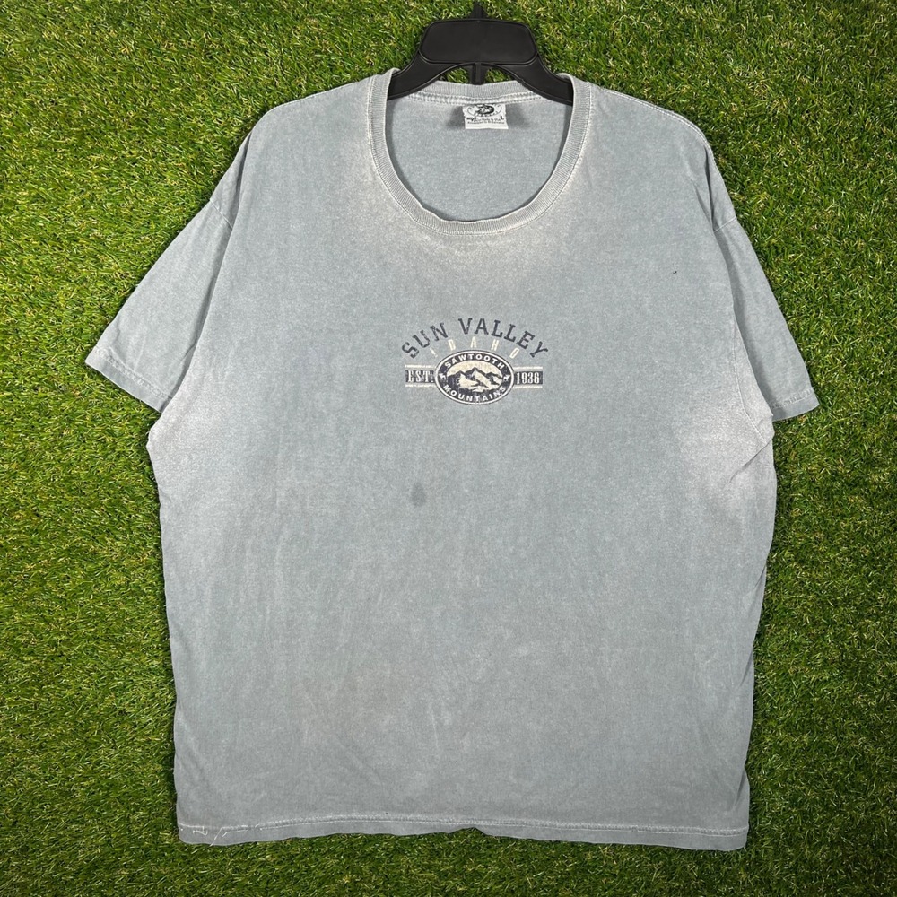 Vintage Sun Valley Idaho Sawtooth Mountains T-Shirt Authentic Pigment Large Blue
